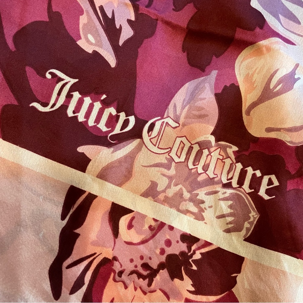 JUICY COUTURE Vintage Large Square Floral Scarf Y2K Burgundy Pink Spell Out Logo